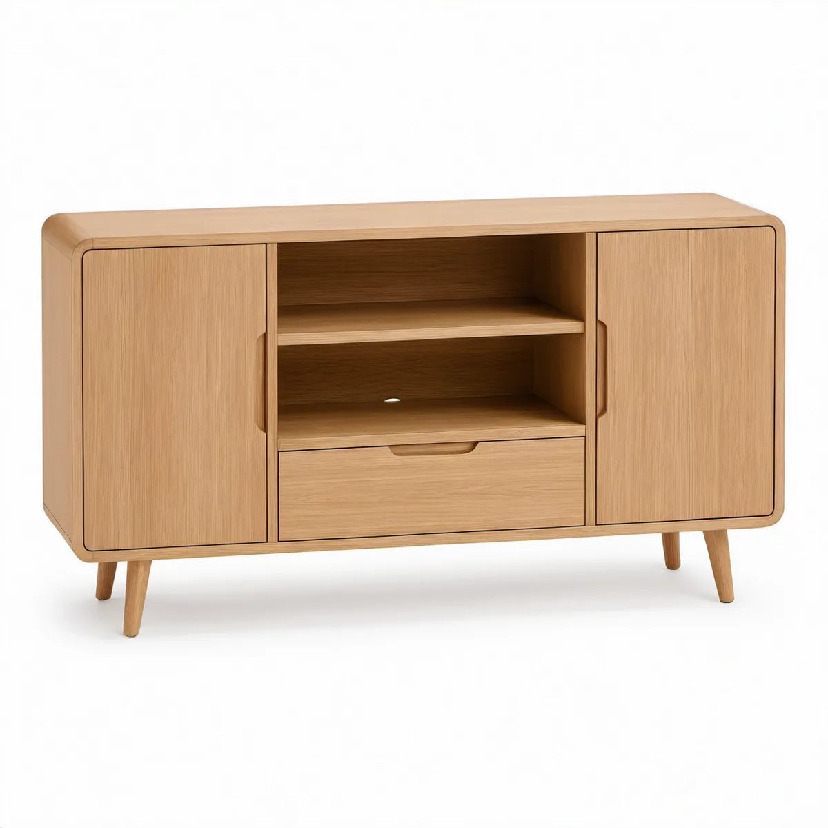 Skænk i naturfarvet egetræsfinér med 2 låger, 2 åbne hylder og 1 skuffe, 120 x 40 x 80 cm