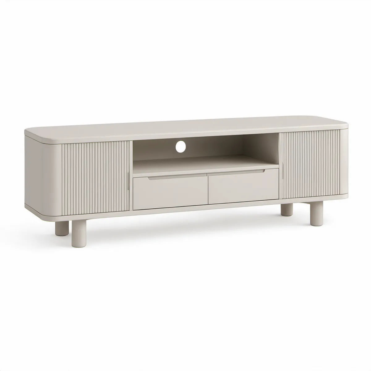 Beige tv-bord i riflet MDF med 2 skabe, 2 skuffer og kabelhul, 180 x 40 x 55 cm