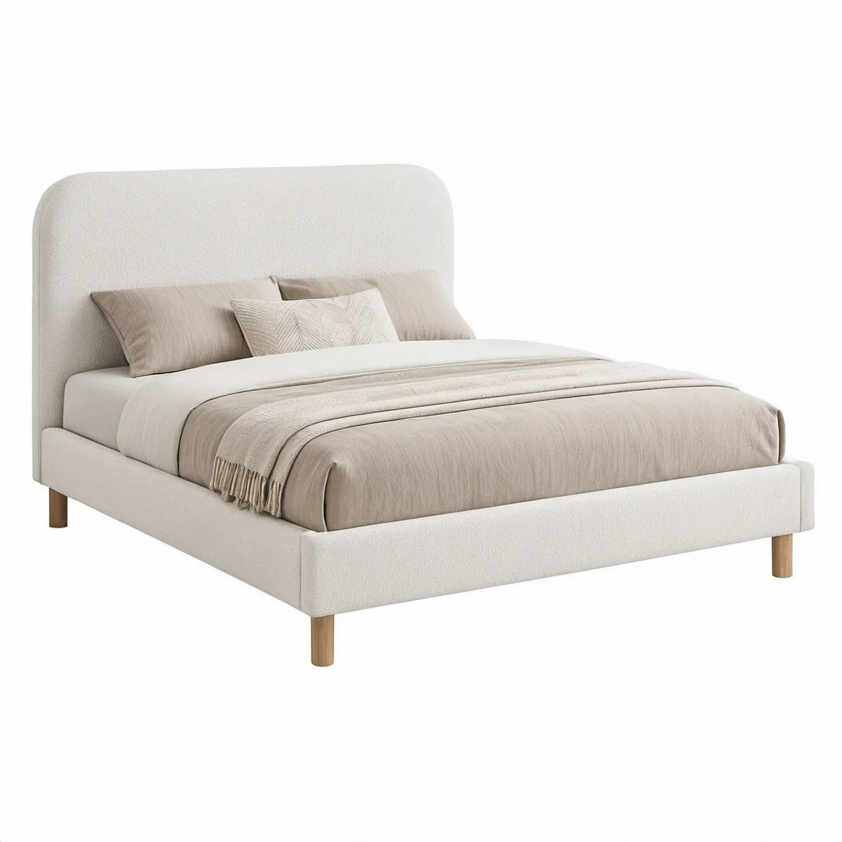 Polstret sengeramme 160 x 200 cm i creme bouclé med ben i naturfarvet gummitræ