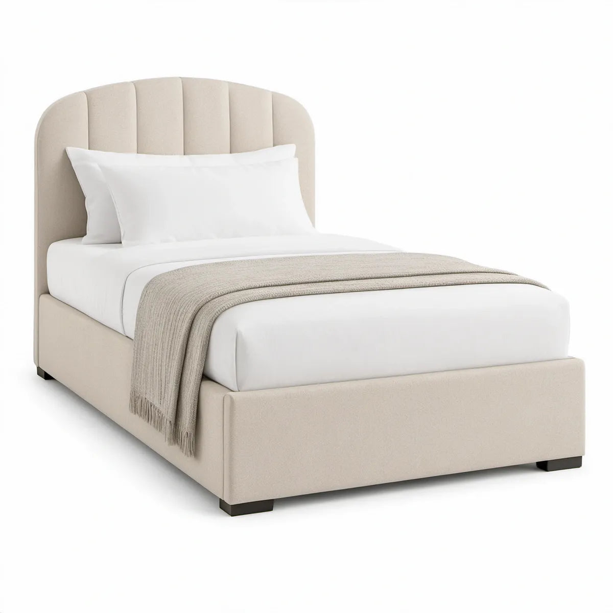 Polstret enkeltseng 90 x 200 cm med buet sengegavl, beige