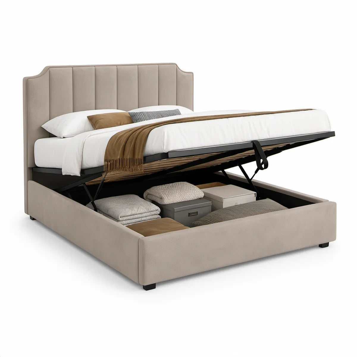Polstret opbevaringsseng med løftebund 160 x 200 cm i beige polyester