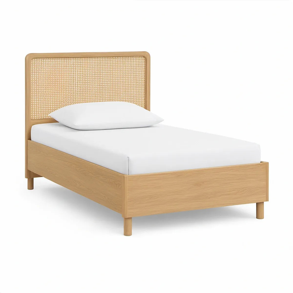 Enkeltseng 90 x 200 cm med sengegavl i natur eg og flettet rattan