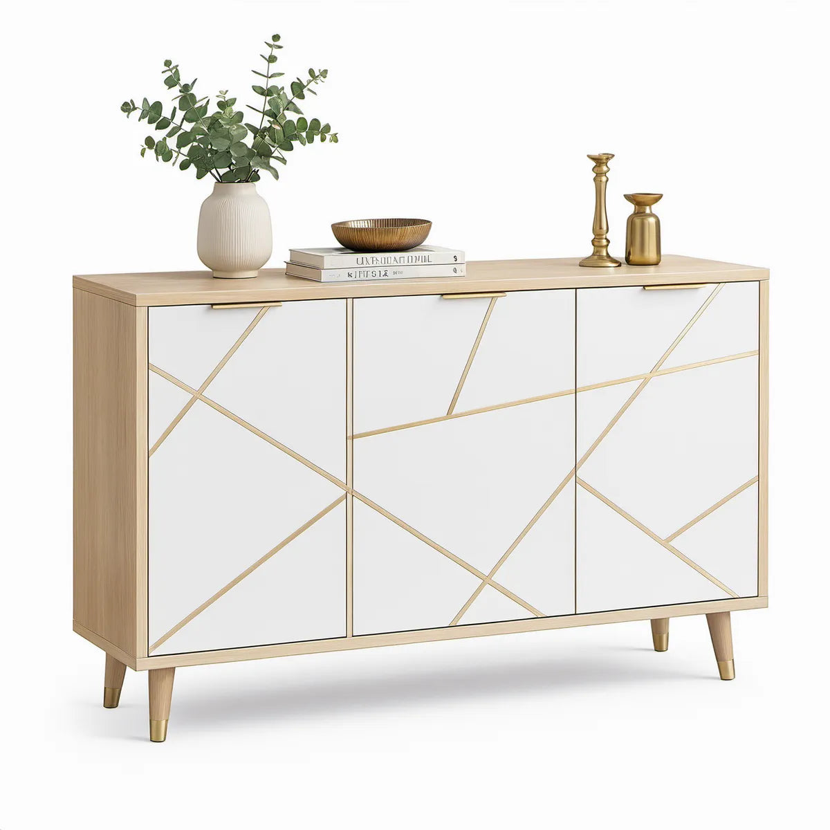 Skænk med 3 låger, 120 x 40 x 85 cm, hvid, lys eg og guld
