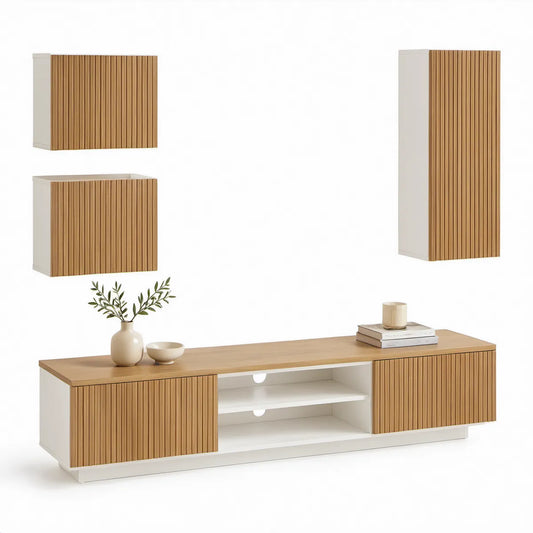 4-delt møbelsæt i hvid og naturfarvet trælook med rillede fronter, TV-bænk 180 x 40 x 45 cm