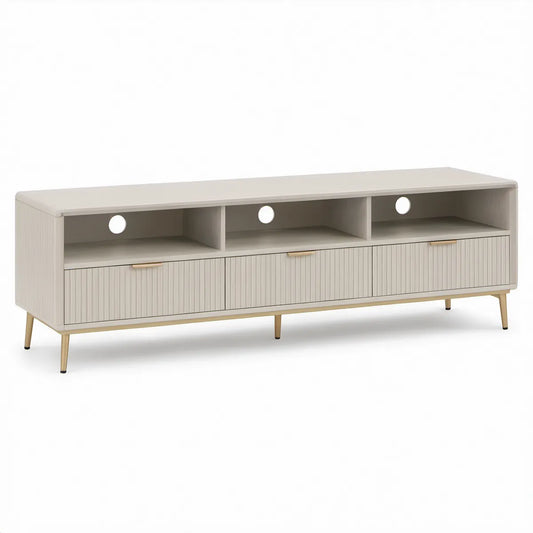 TV-bænk med 3 låger, kabelhuller og rillede fronter, 180 x 40 x 60 cm, beige