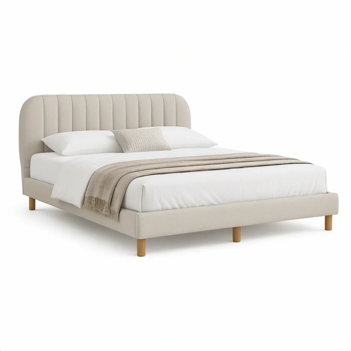 Beige polstret seng 160 x 200 cm med afrundet sengegavl og naturfarvede træben
