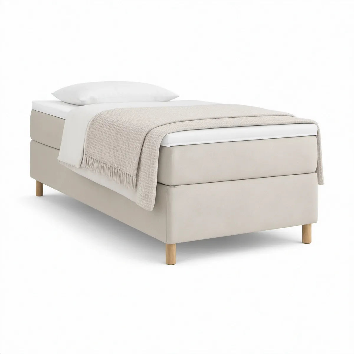 Beige boxmadras med naturfarvede træben, 90 x 200 cm