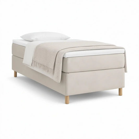 Beige boxmadras med naturfarvede træben, 90 x 200 cm