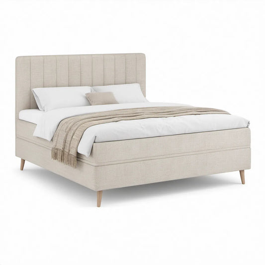 Boxmadras med polstret sengegavl, 180 x 200 cm, beige