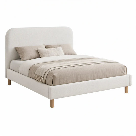 Polstret sengeramme 160 x 200 cm i creme bouclé med ben i naturfarvet gummitræ