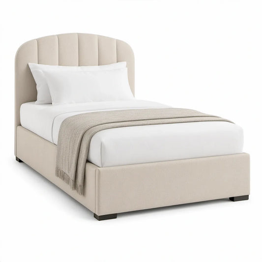 Polstret enkeltseng 90 x 200 cm med buet sengegavl, beige