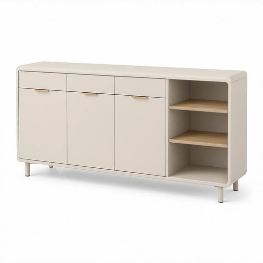 Skænk med 3 skuffer, 3 låger og 2 åbne hylder, creme/natur/guld, 160 x 40 x 85 cm